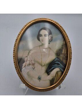 Antique Oval Brass Picture Frame 2-3/4" x 3-1/2" Cameo Style Convex Glass Woman